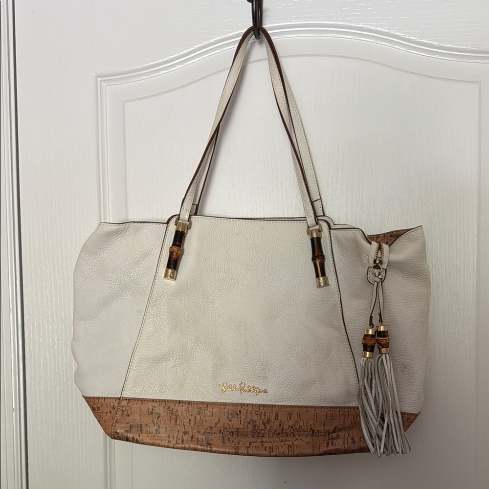 Lilly Pulitzer Cream and Tan Tote Bag with Structured Design